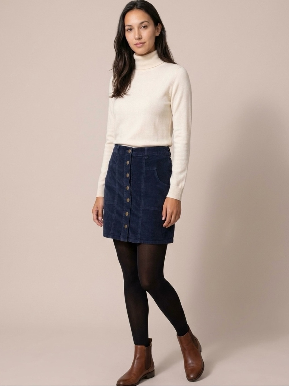 Altar'd State Navy Button-Front Corduroy Mini Skirt